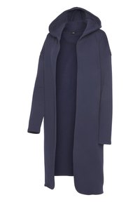 Cardigan con cappuccio blu navy, realizzato in tessuto morbido, presenta un'apertura frontale, maniche lunghe e un design allungato con una texture liscia.