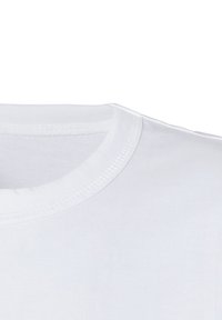 White cotton t-shirt featuring a round neckline and smooth texture with visible stitching detail along the collar and shoulder seam.