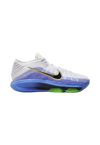 Witte en paarse sportshoe met een blauwe zool, groene accenten en een gouden Swoosh-logo. Geverfde mesh bovenkant en een afgeronde tekening.
