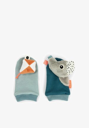 Child's mittens featuring a blue textured fabric with a grey animal face, and a green-blue smooth fabric with an orange and white geometric plush.