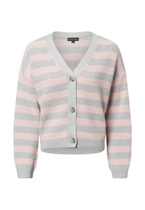 Grau gestrickte Strickjacke mit rosa und grauen Streifen, V-Ausschnitt, Knopfverschluss sowie geripptem Saum und Bündchen. Strukturierter Stoff. Lockere Passform.