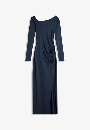 Marineblaues langärmliges Kleid mit Bootsauschnitt, ausgestattet mit seitlichem Raffung und einem Oberschenkel hohen Schlitz, aus glattem, dehnbarem Stoff.