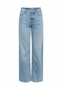 Jean large taille haute bleu clair avec bouton avant, fermeture éclair et design à cinq poches, étiquette "ONLY" sur la ceinture intérieure.