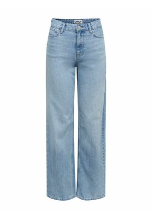 Jean large taille haute bleu clair avec bouton avant, fermeture éclair et design à cinq poches, étiquette "ONLY" sur la ceinture intérieure.