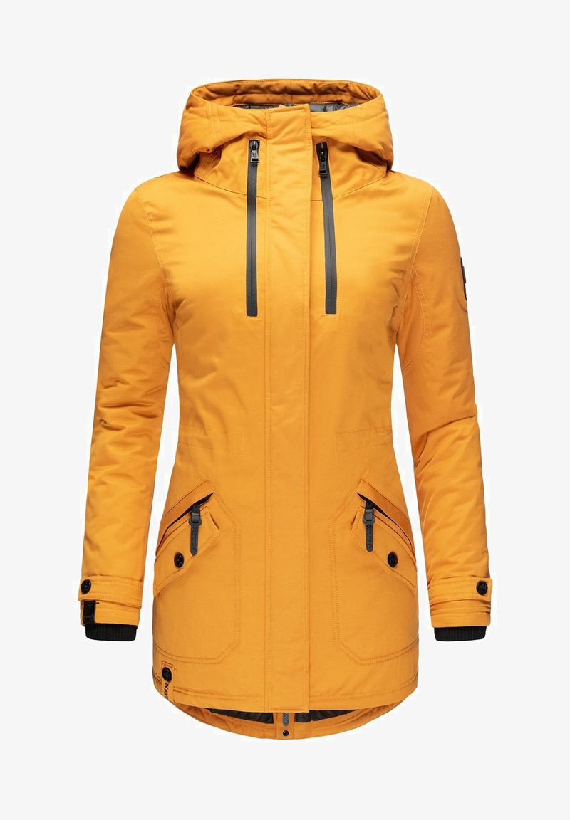 Yellow insulated jacket with a hood, featuring two front zip pockets, black zipper accents, and ribbed wrist cuffs. Smooth texture, knee-length design.