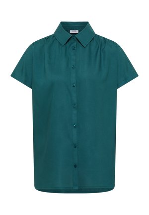 Chemise à manches courtes couleur sarcelle, col pointu, léger fronces sur les épaules et boutons au centre devant, étiquette "CECIL" à l'intérieur du col.