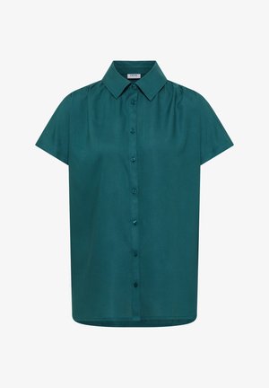 Lyhythihainen teal-värinen nappikauluspaita, jossa on terävä kaulus, kevyet olkapään rypytykset ja edessä keskellä napit, kauluksessa merkintä "CECIL".