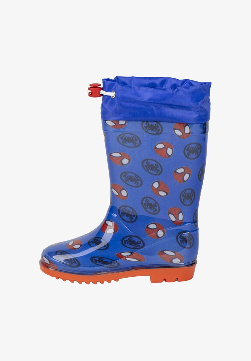 Niebieski gumowy kalosz z czerwonymi akcentami, ozdobiony wzorem twarzy Spider-Mana i symboli pająka. Wysoki model z fakturowaną, antypoślizgową podeszwą.
