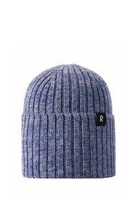 Knit beanie in variegated shades of blue and purple with a ribbed texture and a small black label featuring a white "R" accent.