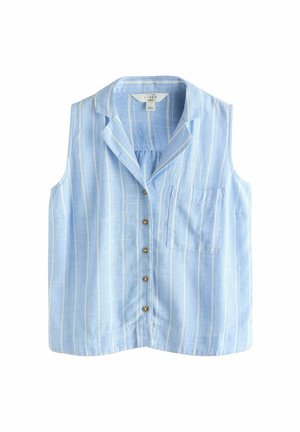 Ærmeløs lyseblå linnedskjorte med hvide lodrette striber, knapper foran, en brystlomme og en hakkrave.
