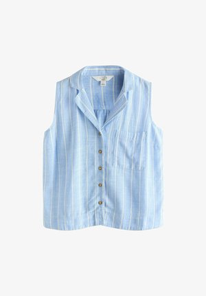 Hõlmikuta helesinine linane särk valgete vertikaalsete triipudega, eest nööbitav, rinnataskuga ja sälguga kraega.