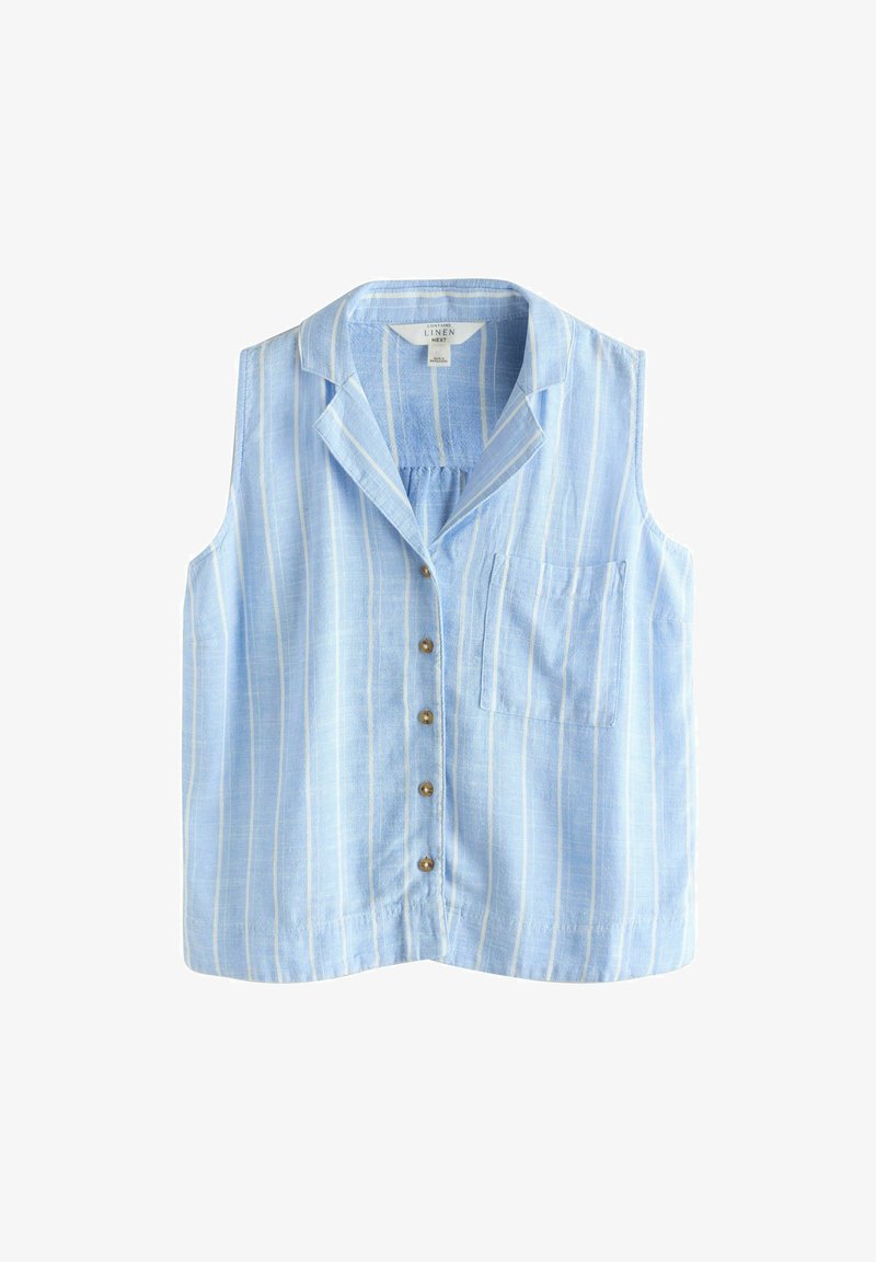 Brezrokavna svetlo modra lanena srajca z belimi navpičnimi črtami, gumbi spredaj, prsnim žepom in ovratnikom z zarezami.
