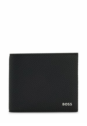 Schwarze, strukturierte Lederbrieftasche mit kleinem silbernem "BOSS"-Logo unten rechts auf weißem Hintergrund.