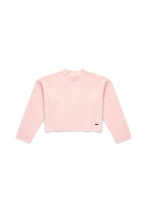 Maglioncino rosa chiaro a maniche lunghe, corto, con scollo rotondo e polsini e orlo a coste, mostrato su sfondo bianco.