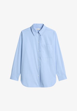 Lichtblauwe overhemd met lange mouwen van katoen, voorzien van een klassieke kraag, vijf knopen aan de voorkant en één borstzak.