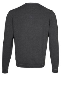 Šedá mikina s dlouhými rukávy, kulatým výstřihem, žebrovanými manžetami a spodním lemem, hladkou texturou a kontrastním prošíváním na límci a okrajích.