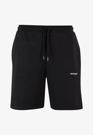 Zwarte katoenen shorts met een elastische tailleband, trekkoord en zilveren metalen punten. Bevat een witte logo-tekst aan de onderzijde links.