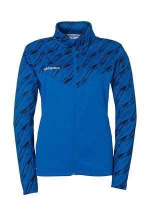 Blå sportsjakke med fuld lynlås, høj krave og abstrakt sort stribedesign på skuldrene. Har 'uhlsport'-logoet på venstre bryst.