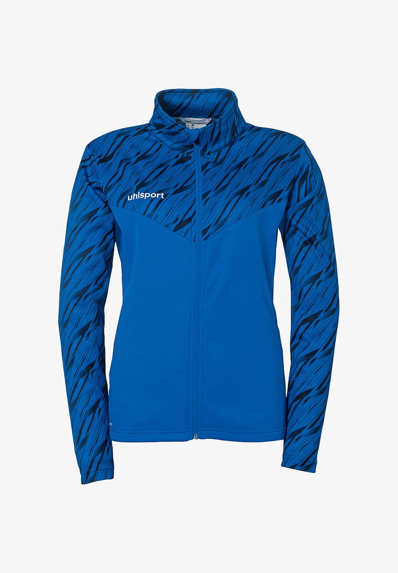 Blå sportsjakke med fuld lynlås, høj krave og abstrakt sort stribedesign på skuldrene. Har 'uhlsport'-logoet på venstre bryst.