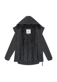 Tummanharmaa hupparitakki, jossa on musta vahvistettu vuori, vetoketju- ja nepparinapit sekä näkyvä brändilogo kauluksen sisäpuolella.