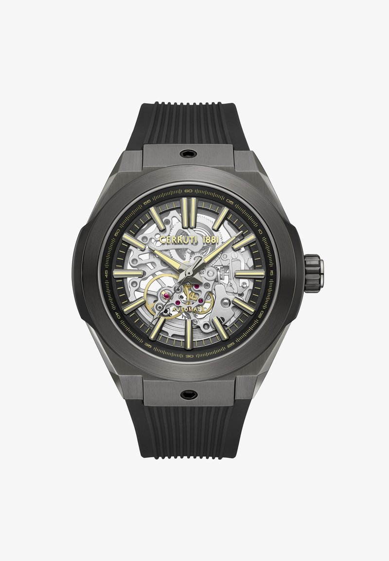 Automatyczny zegarek o wzorze szkieletowym, szary stalowy korpus, czarny gumowy pasek, świecące znaczniki godzin oraz złote akcenty.