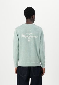 Sudadera verde con un corte holgado, logo bordado en blanco en la parte posterior y puños acanalados. Textura desgastada y escote circular.