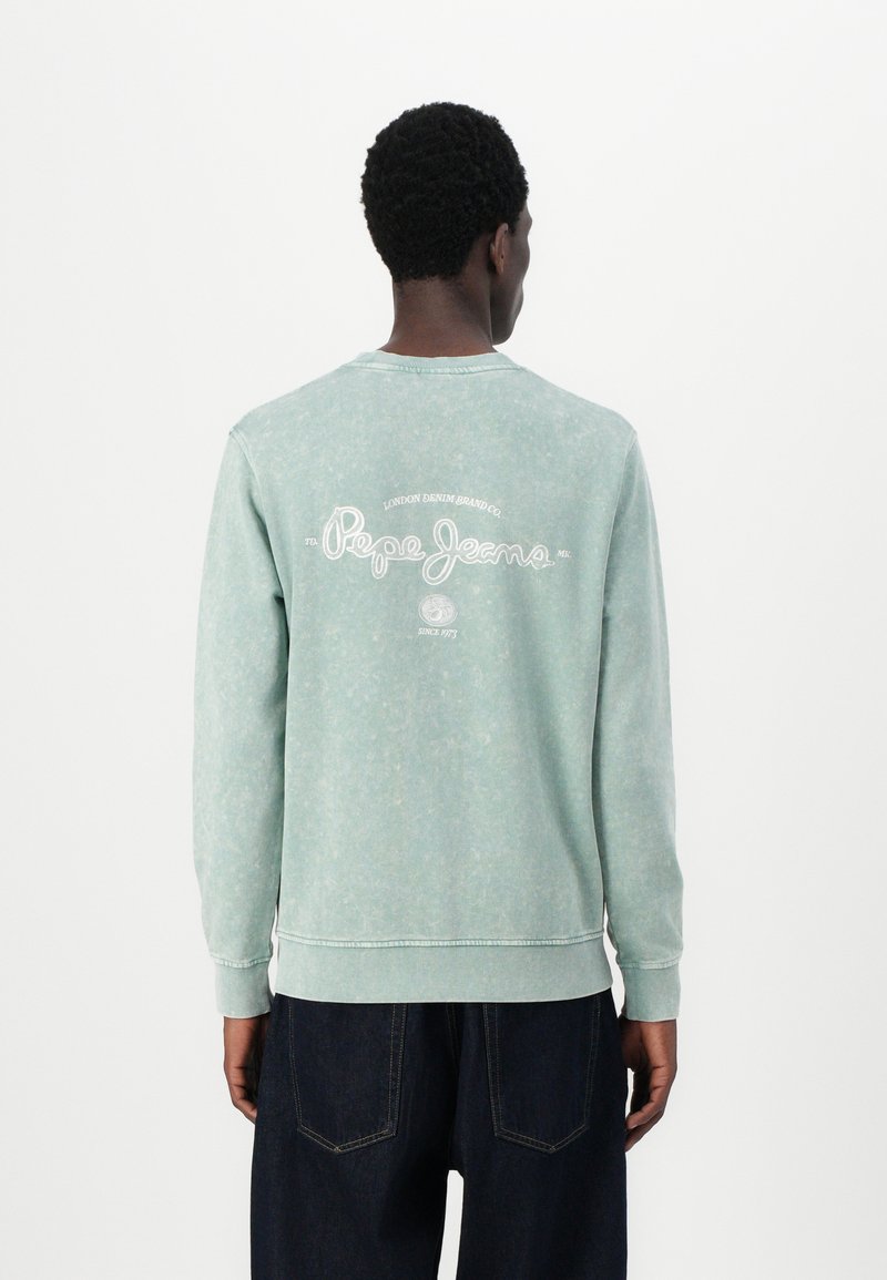 Sudadera verde con un corte holgado, logo bordado en blanco en la parte posterior y puños acanalados. Textura desgastada y escote circular.