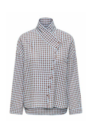 Blouse met lange mouwen met een bruin en lichtblauw geruit patroon, met een asymmetrische knoopsluiting aan de voorkant en een hoge kraag.