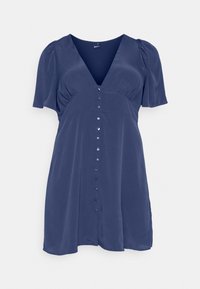 Vestido azul-marinho de mangas curtas com decote em V, detalhes franzidos e fecho frontal com botões. Feito de um tecido suave e leve.