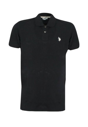 Polo shirt nera in cotone, con colletto, maniche corte e un piccolo logo ricamato sul lato sinistro del petto.