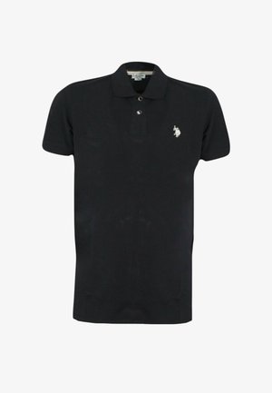 Polo shirt nera in cotone, con colletto, maniche corte e un piccolo logo ricamato sul lato sinistro del petto.