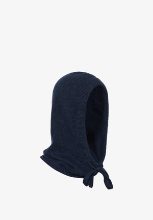 Cappuccio a maglia blu navale realizzato in morbida lana, con chiusura legata al collo e una corona arrotondata per una vestibilità aderente e calda.