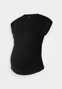 Camiseta de maternidad negra con mangas cortas, cuello redondo y tela suave y elástica, diseñada para adaptarse a una barriga en crecimiento.