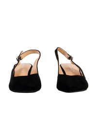 Paire de chaussures slingback en daim noir avec bouts pointus et brides à la cheville, vues de face sur un fond blanc.