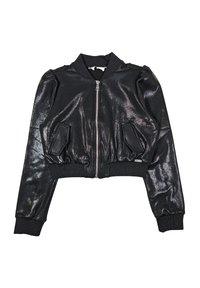Giacca bomber nera corta realizzata in materiale lucido, con maniche lunghe, polsini a costina, due tasche frontali e chiusura frontale con zip.