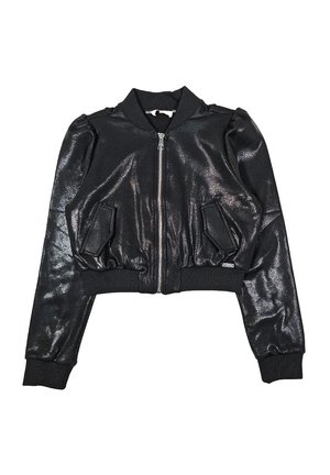 Giacca bomber nera corta realizzata in materiale lucido, con maniche lunghe, polsini a costina, due tasche frontali e chiusura frontale con zip.