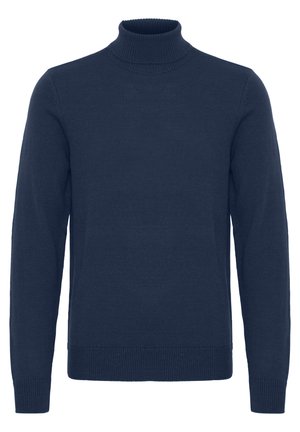 Merivaaran sininen nuttu, joka on valmistettu neuloksesta. Siinä on ribbireunus kauluksessa ja hihoissa sekä suora alahelma. Ei kuvioita tai koristeita.