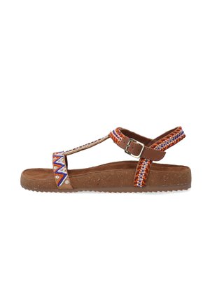Brown sandals featuring beaded straps in orange, blue, and white. Soft material with textured sole and adjustable buckle for fit.