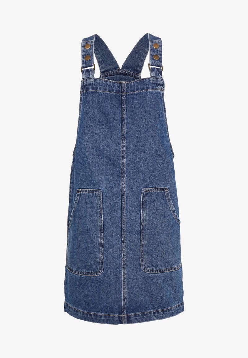Robe salopette en denim bleu avec poches avant et bretelles réglables avec boutons métalliques, présentée sur fond blanc.