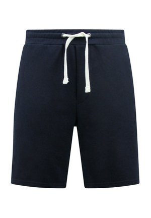 Navyblauwe katoenen shorts met elastische tailleband en witte koord. Voorzien van zijzakken en een gladde, gestructureerde stofafwerking.