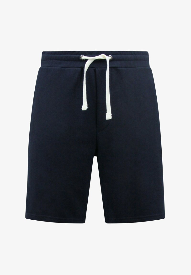 Navyblauwe katoenen shorts met elastische tailleband en witte koord. Voorzien van zijzakken en een gladde, gestructureerde stofafwerking.