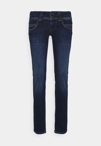 Mörkblå slim-fit jeans med urblekt detaljer, framfickor, bälteshällor och tvåknappsstängning, visade mot en vit bakgrund.