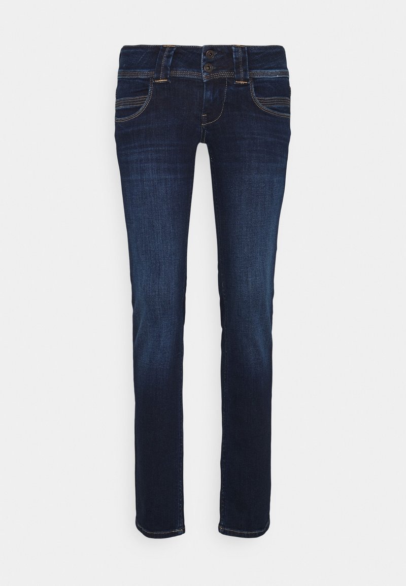 Mörkblå slim-fit jeans med urblekt detaljer, framfickor, bälteshällor och tvåknappsstängning, visade mot en vit bakgrund.