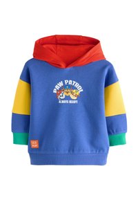 Bunter Kinderhoodie mit blauem Körper, roter Kapuze und gelben sowie grünen Ärmeln. Der grafische Druck lautet "PAW PATROL IMMER BEREIT!"