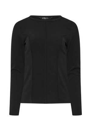 Schwarzes langärmeliges figurbetontes Oberteil mit Rundhalsausschnitt und sichtbaren vertikalen Nahtnähten vorne und an den Seiten.