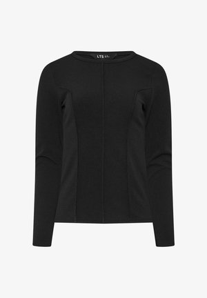 Zwart nauwsluitend shirt met lange mouwen, ronde halslijn en zichtbare verticale naden aan de voorkant en zijkanten.