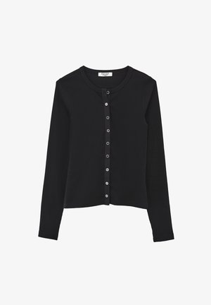 Cárdigan negro de manga larga hecho de tejido acanalado, con cuello redondo y cierre frontal de botones redondos grises.