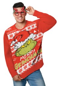 Maglione di Natale lavorato a maglia rosso con una grande grafica del Grinch verde che indossa un cappello da Babbo Natale e la scritta "MERRY GRINCHMAS", circondata da motivi di fiocchi di neve.