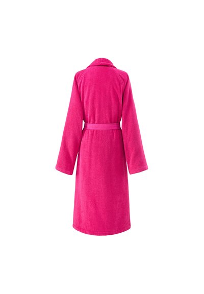 Accappatoio di spugna fucsia con maniche lunghe, colletto a scialle e cintura coordinata. Tessuto morbido e design lunghezza ginocchio senza motivi visibili.