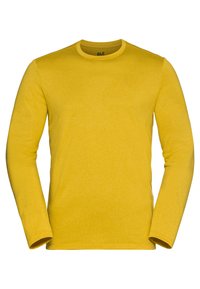 Men's mustard yellow long-sleeve crew neck shirt with subtle brand logo on chest, plain design, smooth fabric texture.